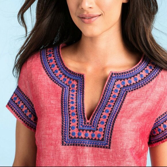 Vineyard Vines Embellished Red w/ Blue Embroidery Linen Cotton Blend Tunic Dress - Picture 15 of 15